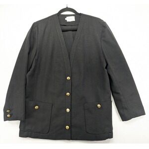 Vintage Russ Petites Black Collarless Blazer Gold Crest Button Jacket Size 12